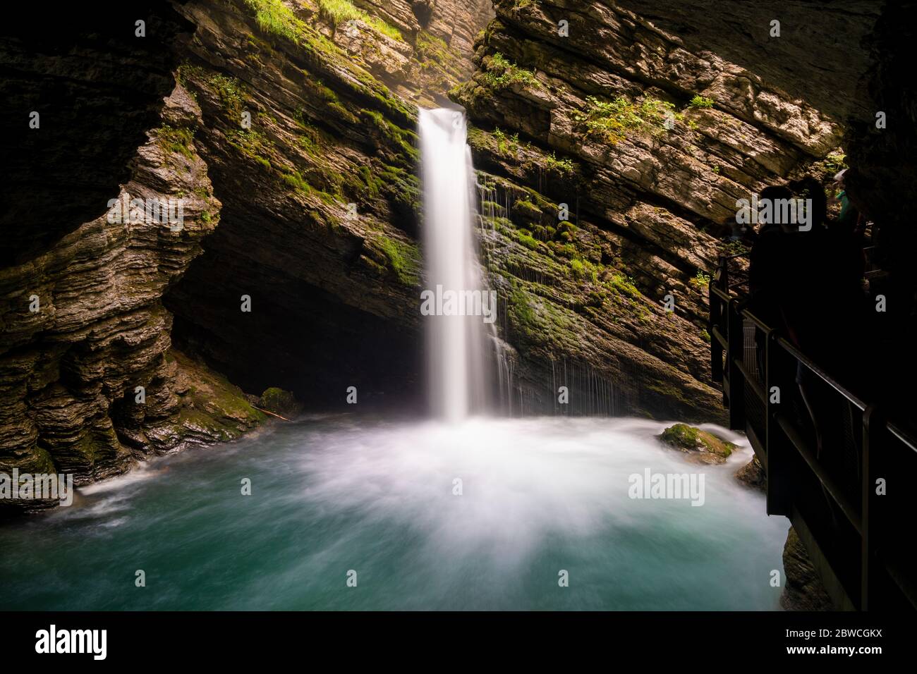 Una vista de una idílica cascada en el exuberante paisaje de follaje de primavera verde en los Alpes suizos Foto de stock