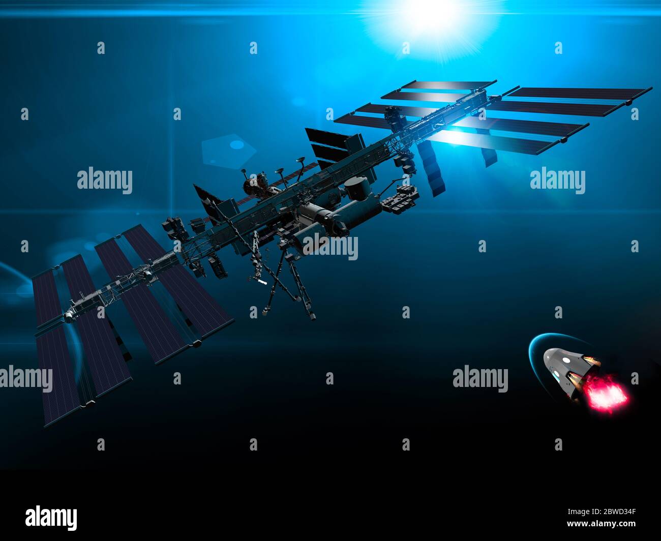 Nave espacial Dragon que se acerca a la ISS para atracar. Exploración espacial. Órbita terrestre baja y Vista terrestre. Elementos de esta imagen son proporcionados por la NASA Foto de stock