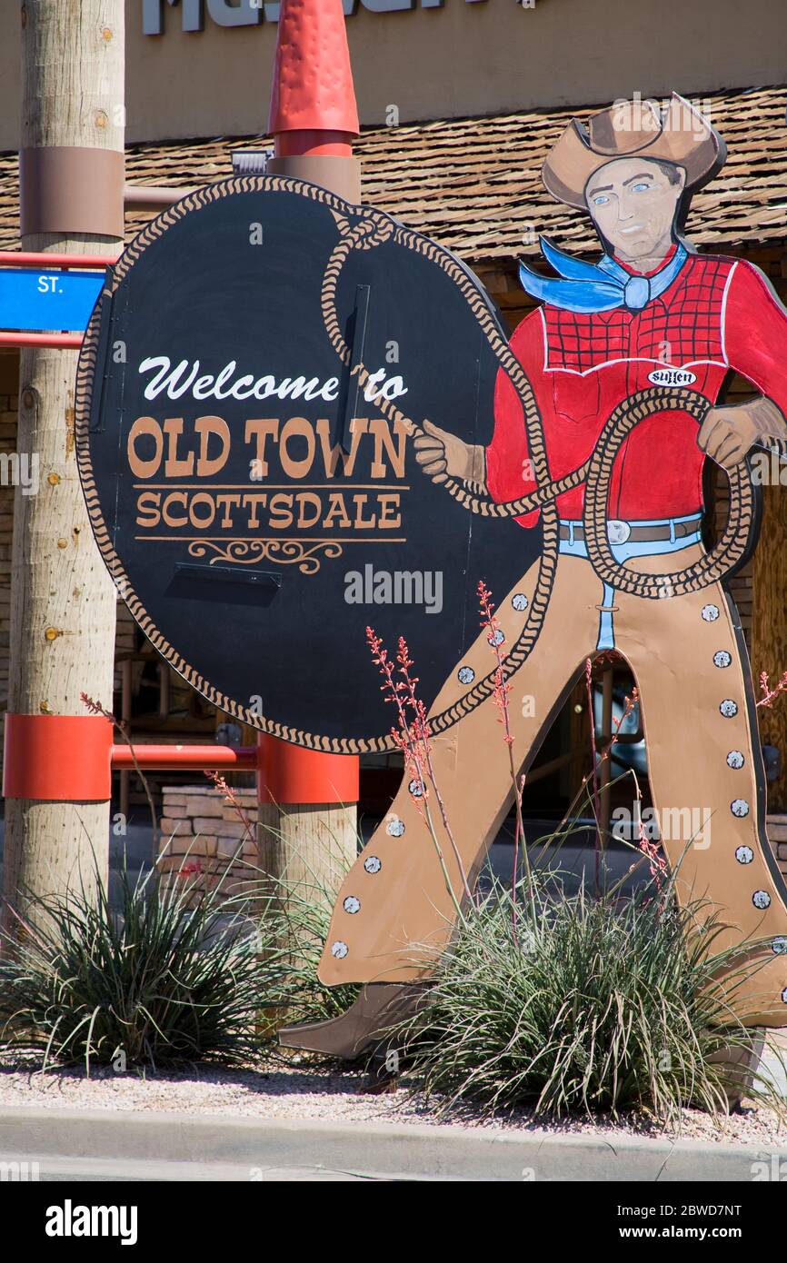 Bienvenido a Old Town Sign, Scottsdale, Phoenix, Arizona, EE.UU Foto de stock