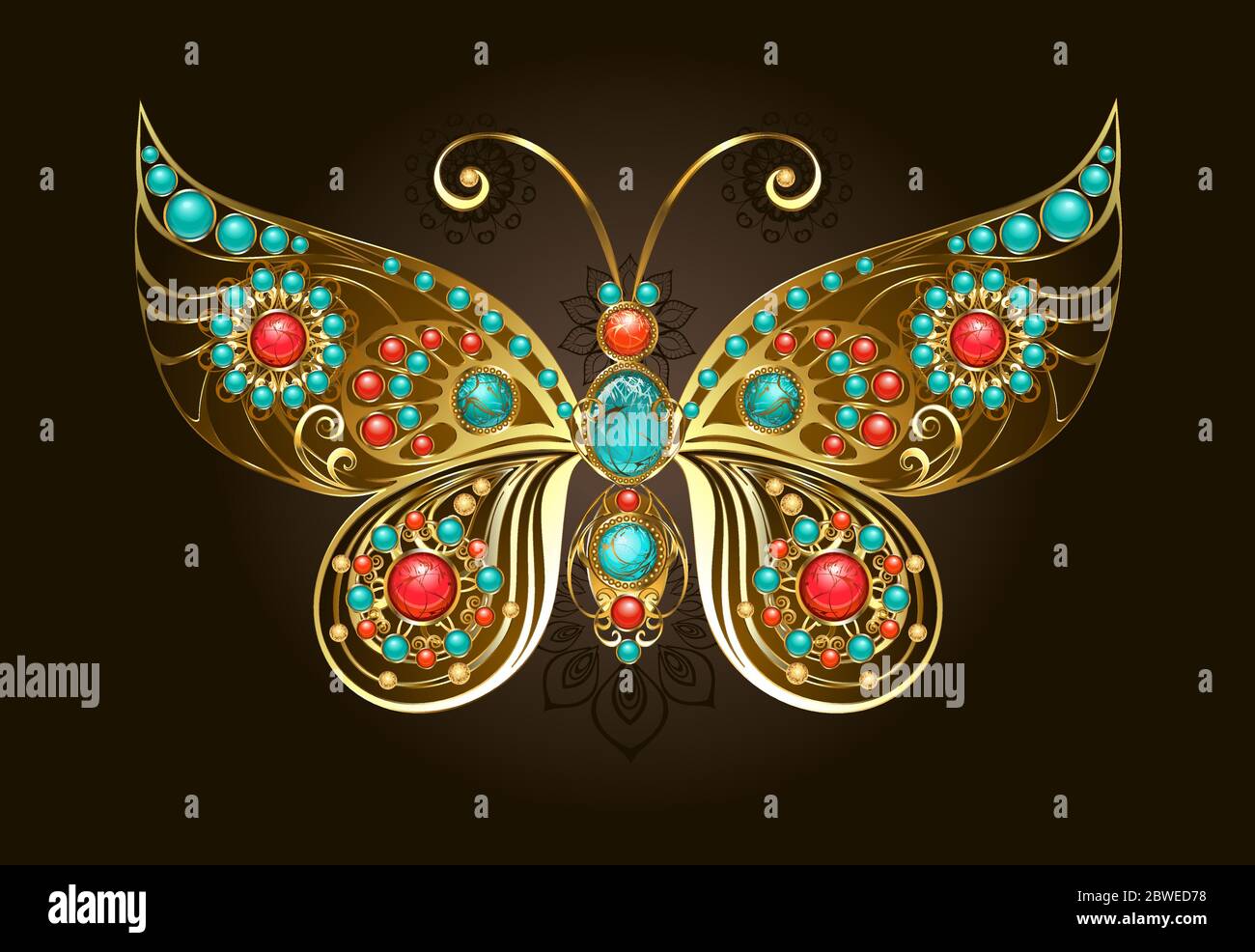 Broche de latón en forma de mariposa estampada, decorada con turquesa, jaspe y carneliano, hecha en estilo étnico. Estilo boho. Ilustración del Vector