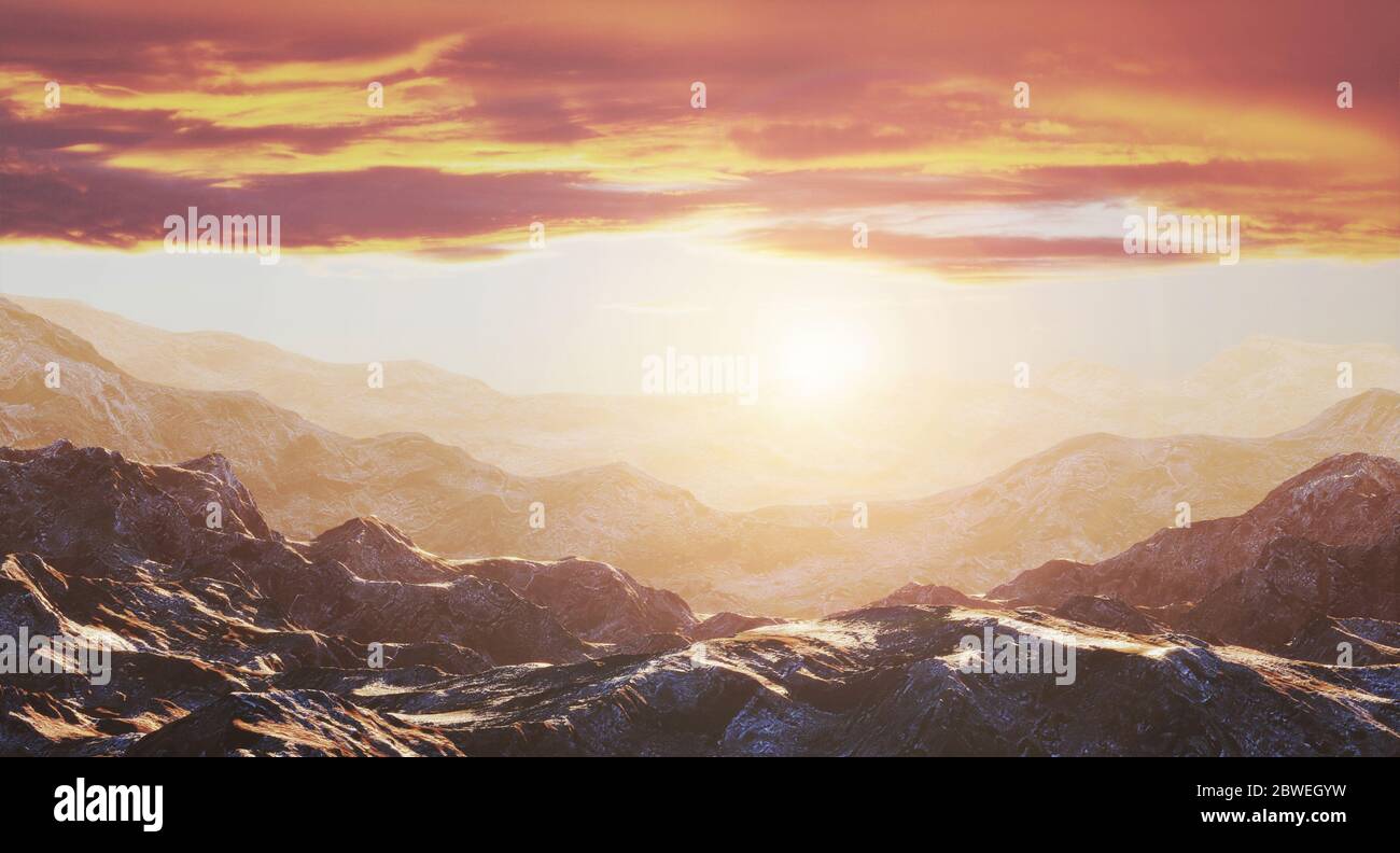 Rocas en el fondo de una hermosa puesta de sol dorada. Efecto de perspectiva aérea, renderizado en 3d Foto de stock