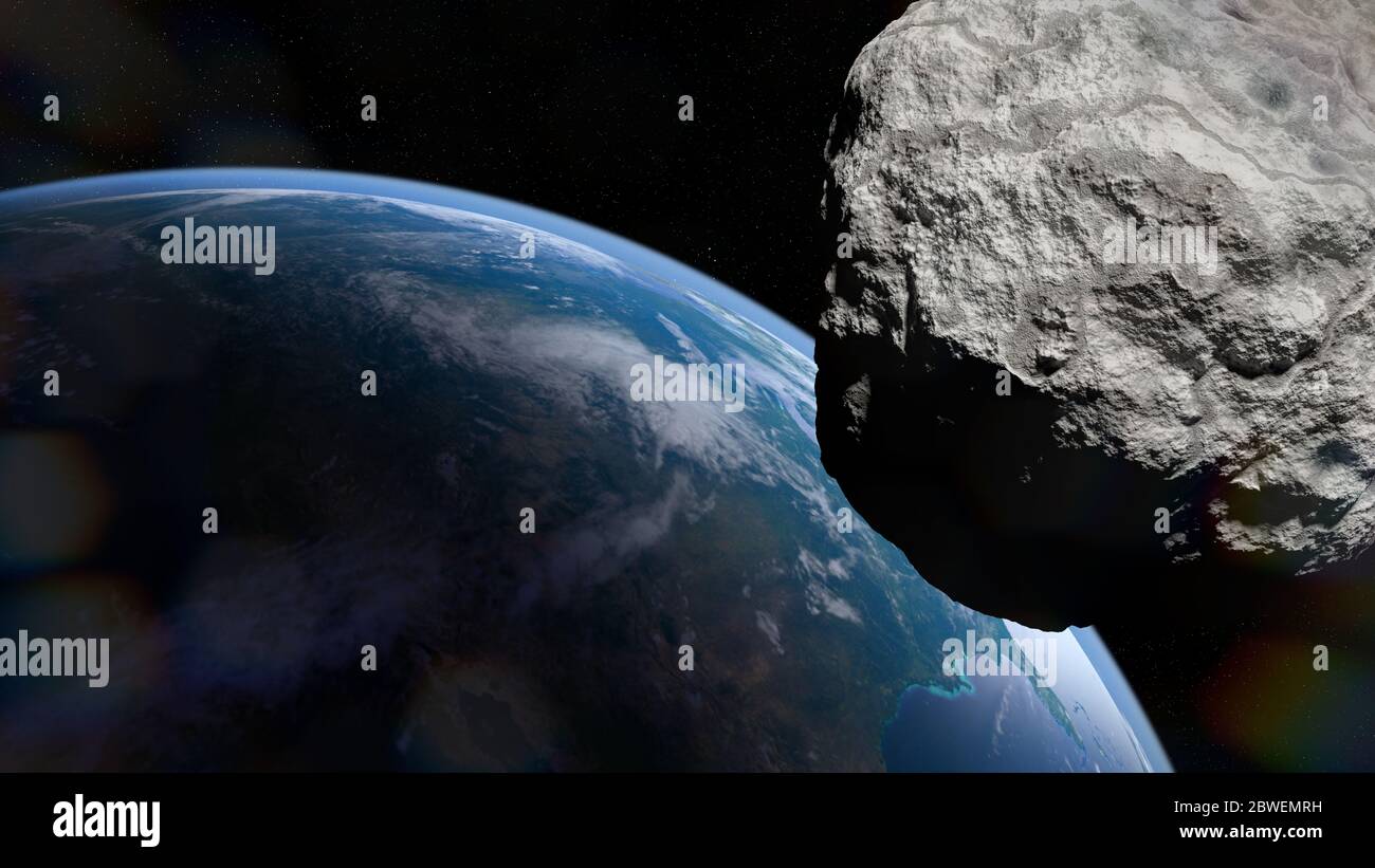Asteroide acercando el planeta Tierra, meteoritos en órbita antes del impacto. Foto de stock