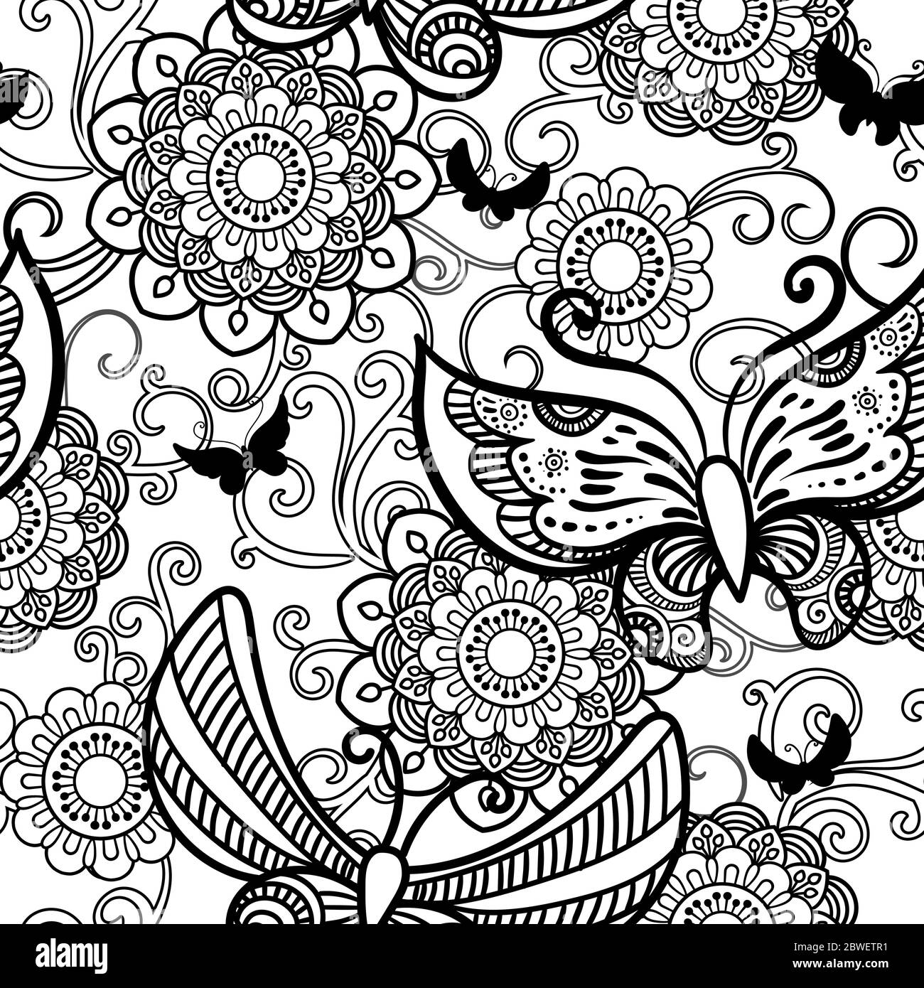 Dibujadas a mano flores y mariposas patrón sin fisuras. En blanco y negro estilo ilustración vectorial en garabatos. Aislado sobre fondo blanco. Coloring Book página. Ilustración del Vector