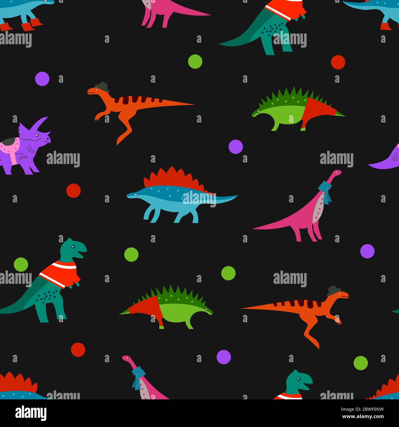 Dino sobre fondo negro. Diseño de dinosaurios para bebés sin costuras para  tela, tela, estampado o papel tapiz. Plantilla para papel de envoltura o  impresión de papel de buff Imagen Vector de