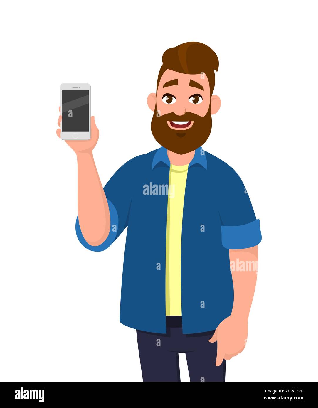 Joven mostrando smartphone. Concepto de teléfono móvil. Ilustración
