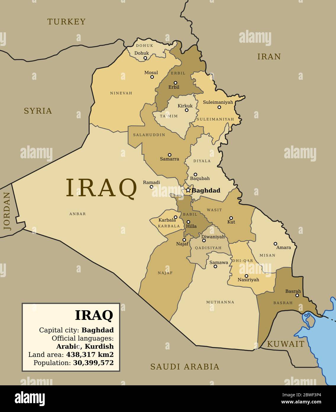 Mapa de Iraq con las provincias (provincias) en diversos colores y