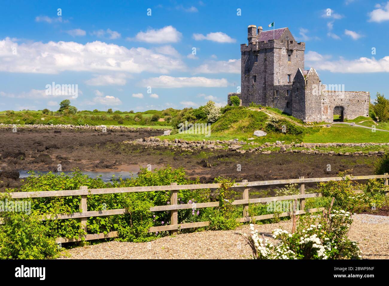 Vista diurna del Castillo de Dunguaire con marea baja. Condado de Galway, provincia de Connacht, Irlanda, Europa. Foto de stock