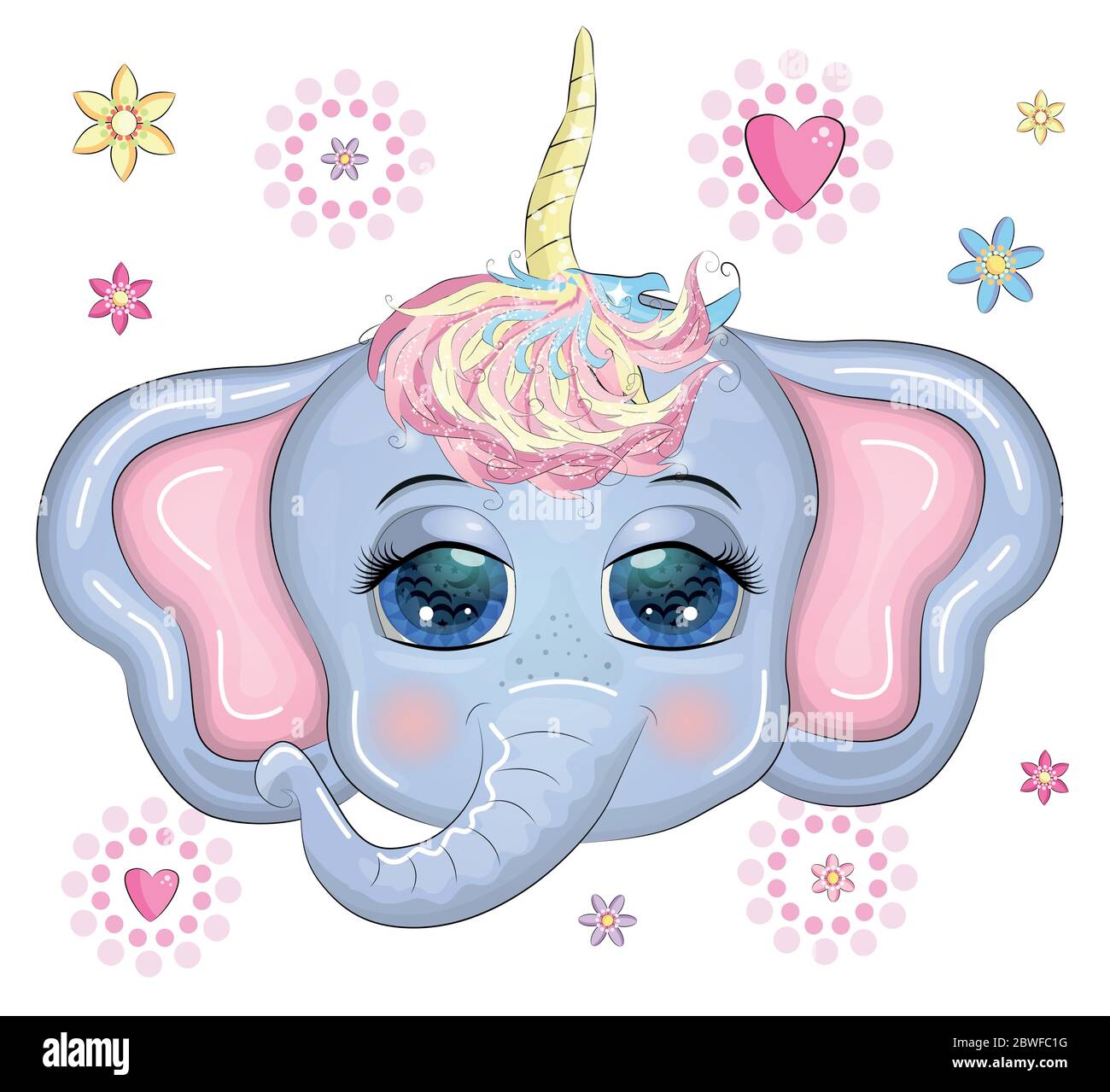 Lindo elefante-unicornio de dibujos animados con hermosos ojos con una  mariposa rodeada de flores, ilustración infantil Imagen Vector de stock -  Alamy
