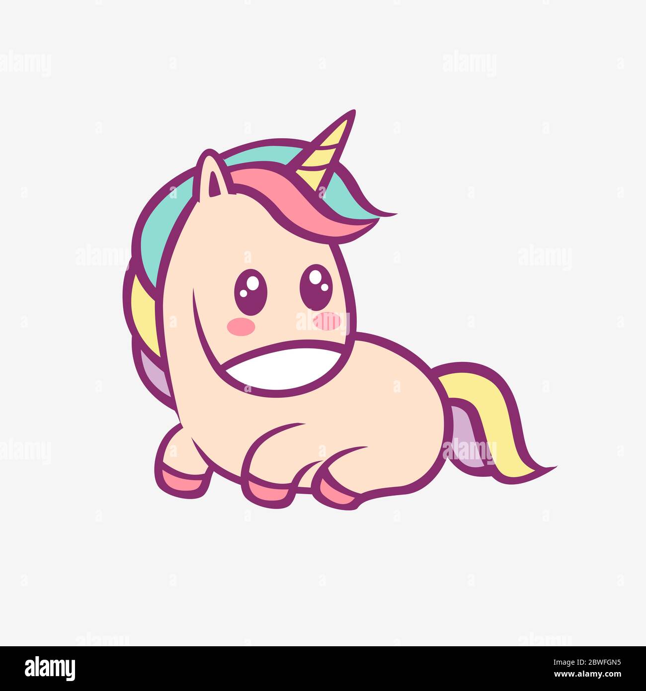 Dibujos animados de Unicorn kawaii. Sonriente poco divertido unicornio con el arcoiris y cuerno Imagen Vector stock - Alamy