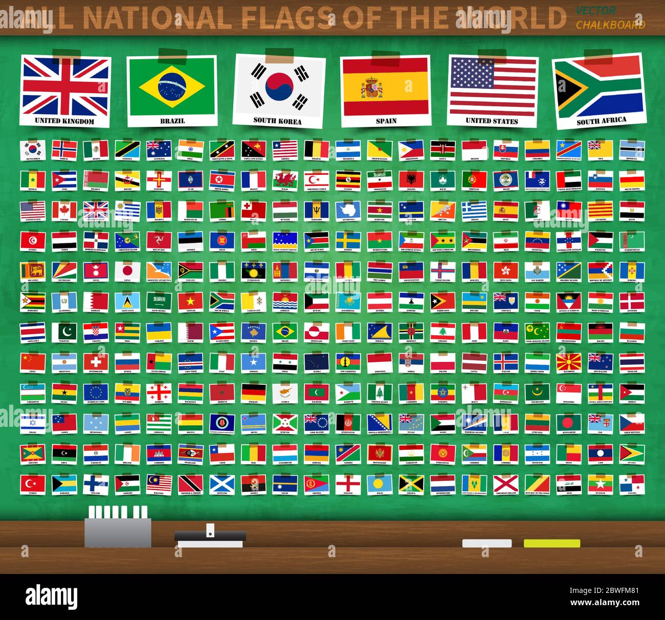 Todas las banderas nacionales del mundo sobre fondo de pizarra de color verde realista. La bandera del país con el nombre fue adherida por cinta adhesiva. Vector . Ilustración del Vector
