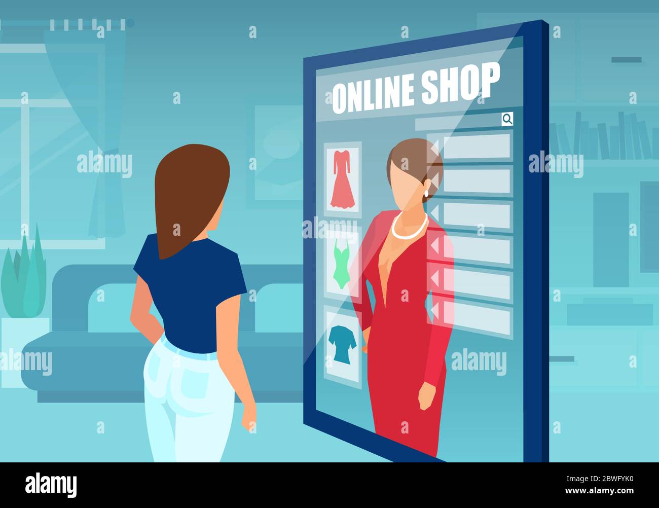 Concepto de compras por Internet. Vector de una mujer casual que ordena y compra  ropa de moda un vestido en línea Imagen Vector de stock - Alamy