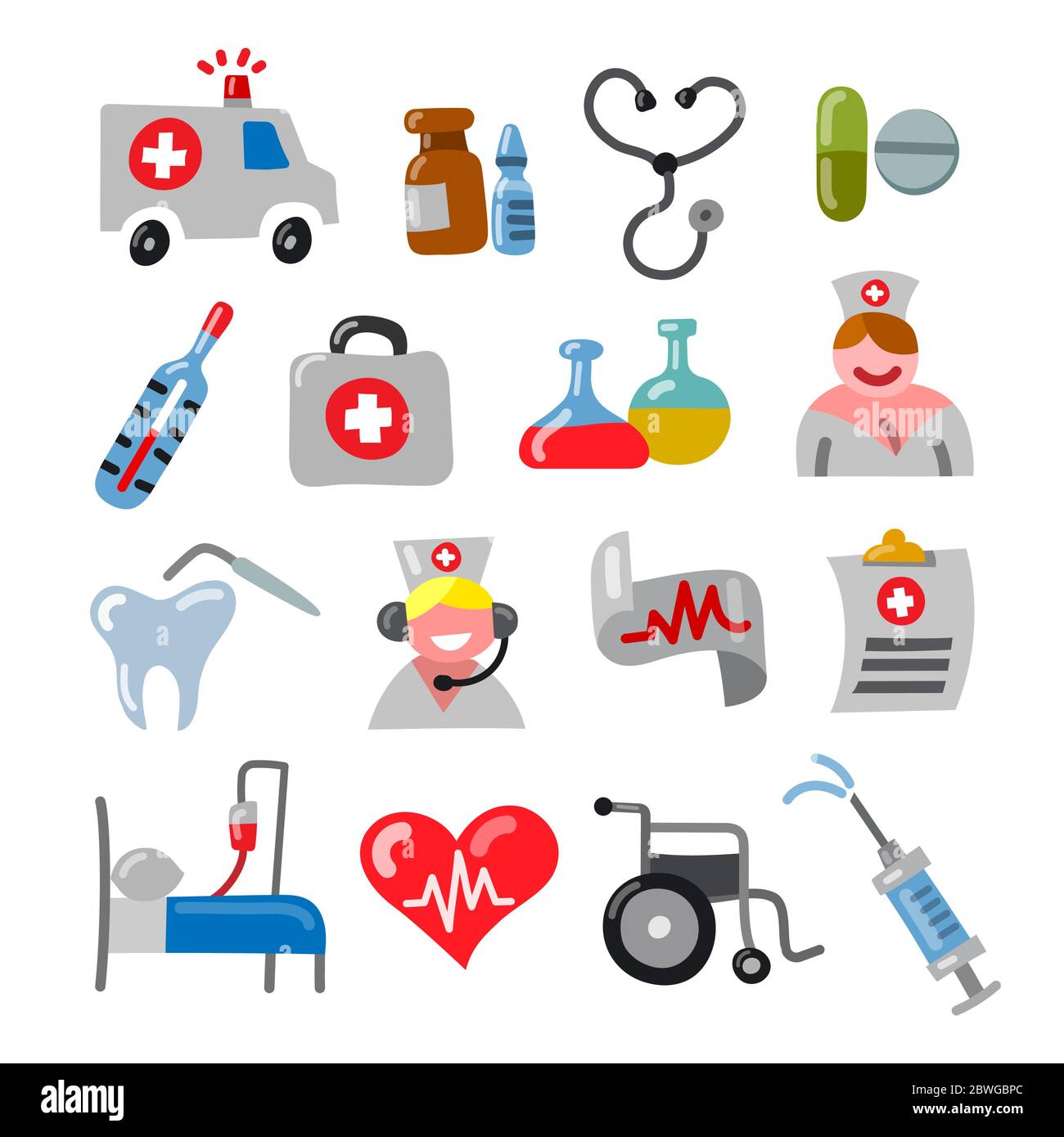 ilustración conjunto de dibujos animados coloridos iconos de medicina  Imagen Vector de stock - Alamy