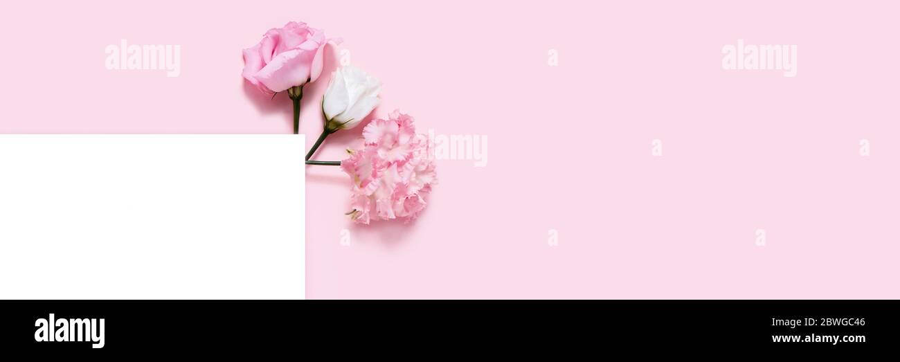 Tarjeta de vacaciones. Banner de tela rosa con hoja de papel blanco y flores. Foto de stock