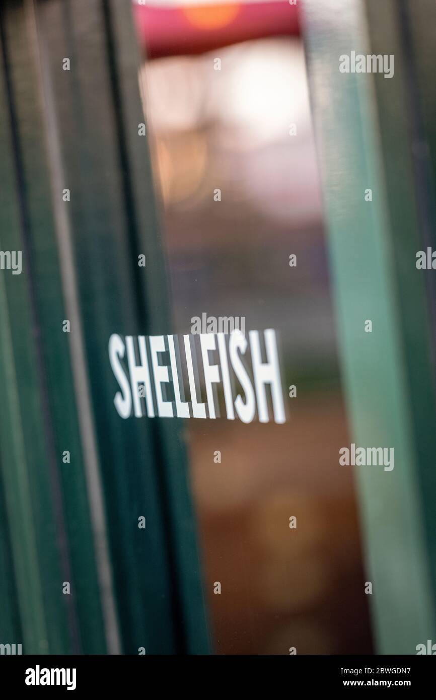 Letras que leen mariscos en una ventana de restaurante en Nine Elms, Battersea, a la sombra de la central eléctrica de Battersea Foto de stock