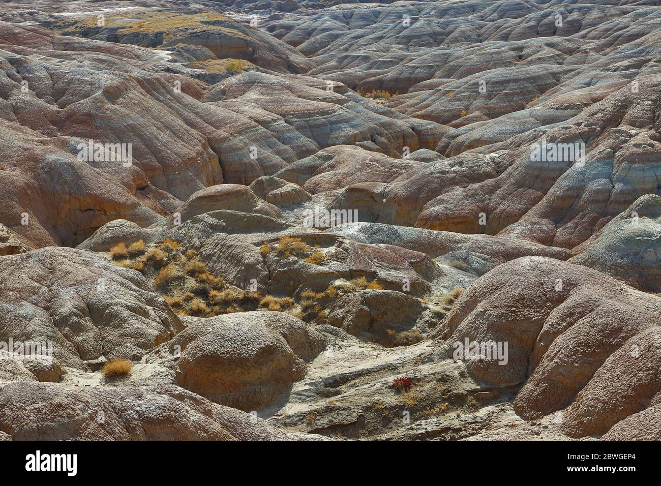 Terreno extremo y formaciones geológicas en la zona de las Montañas Aktau, también conocidas como Montañas Blancas, en Kazajstán Foto de stock