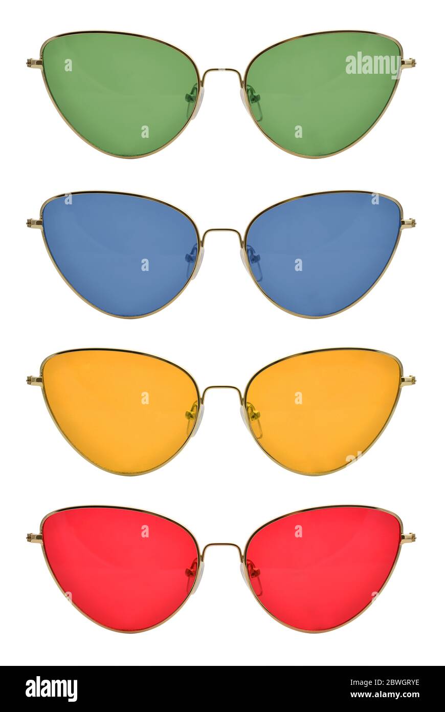 Gafas de sol con marco metálico, forma de ojo de gato, lentes rojas,  amarillas, verdes y azules, aisladas sobre fondo blanco con trazado de  recorte Fotografía de stock - Alamy