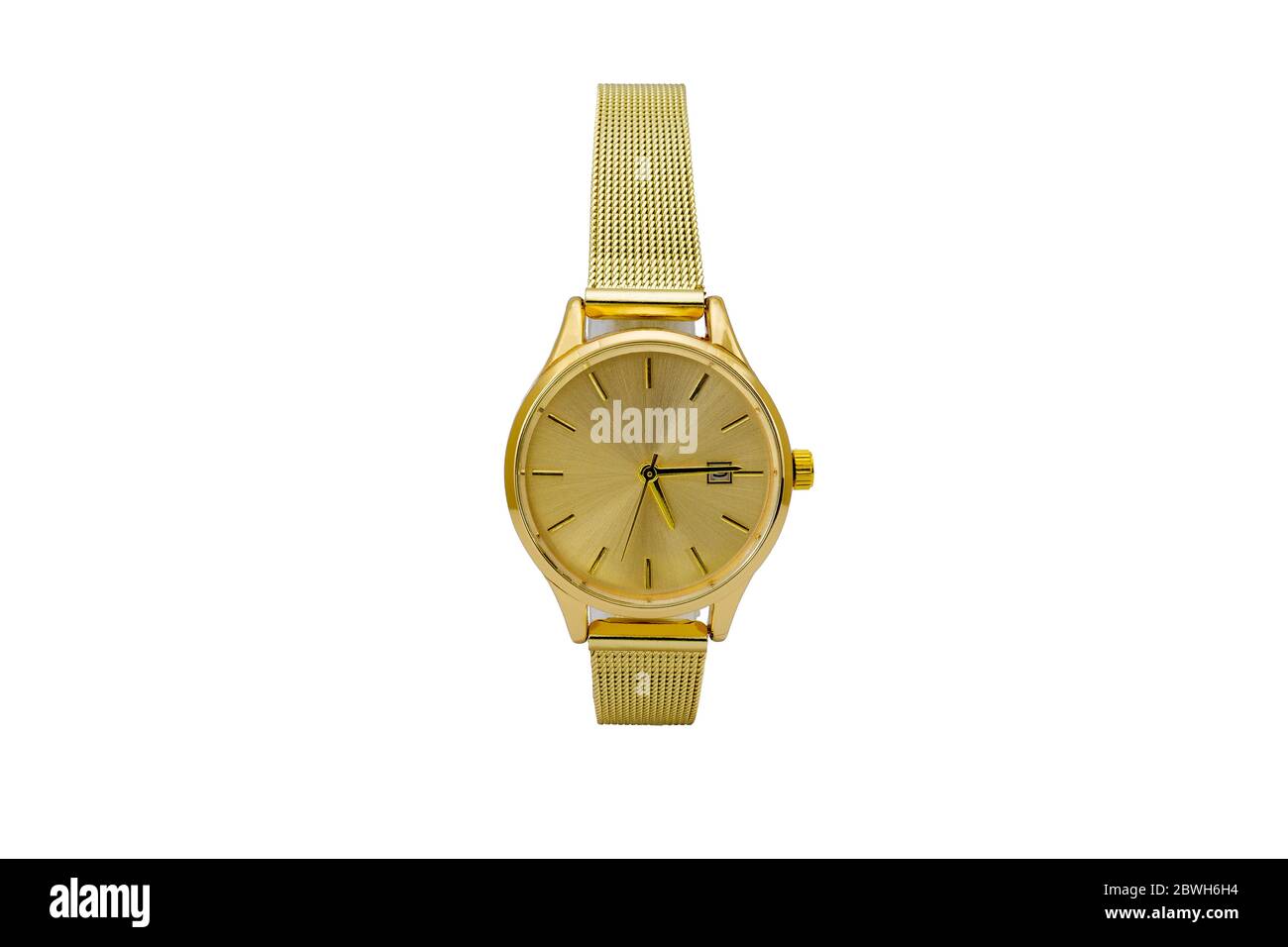 Reloj de pulsera clásico con de malla metálica mate y esfera de marcación amarilla, aislado sobre fondo Fotografía stock - Alamy