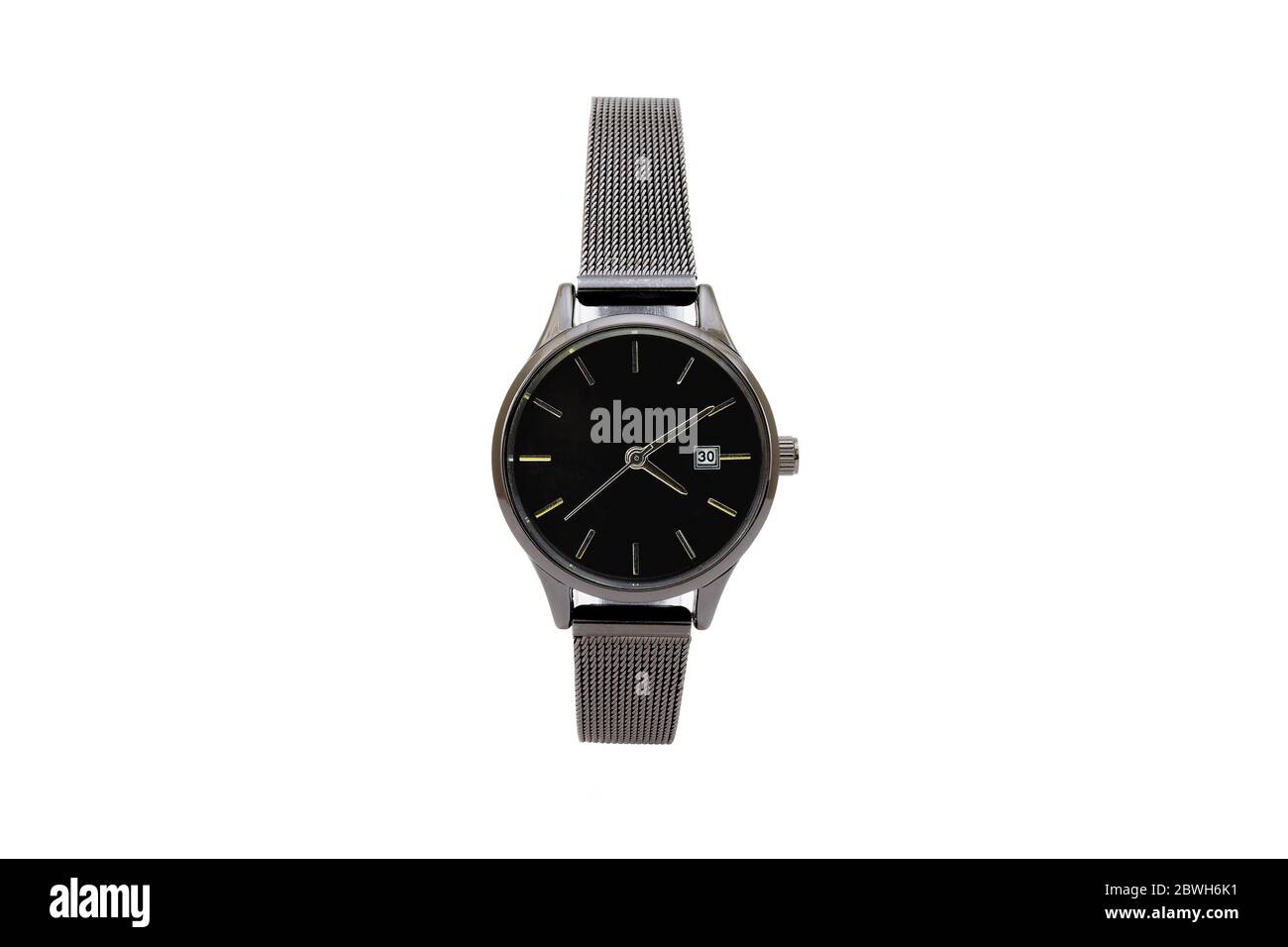 Reloj de pulsera clásico con correa de malla metálica mate negra y esfera  de esfera negra, aislado sobre fondo blanco Fotografía de stock - Alamy