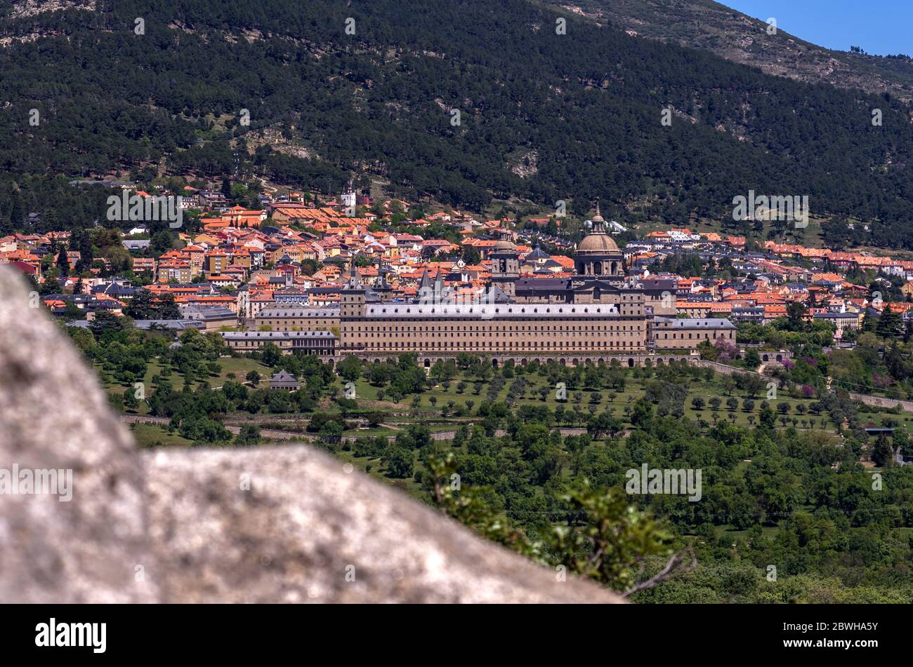 Real Monasterio de San Lorenzo de el Escorial visita desde la silla de Felipe II Madrid. España Foto de stock