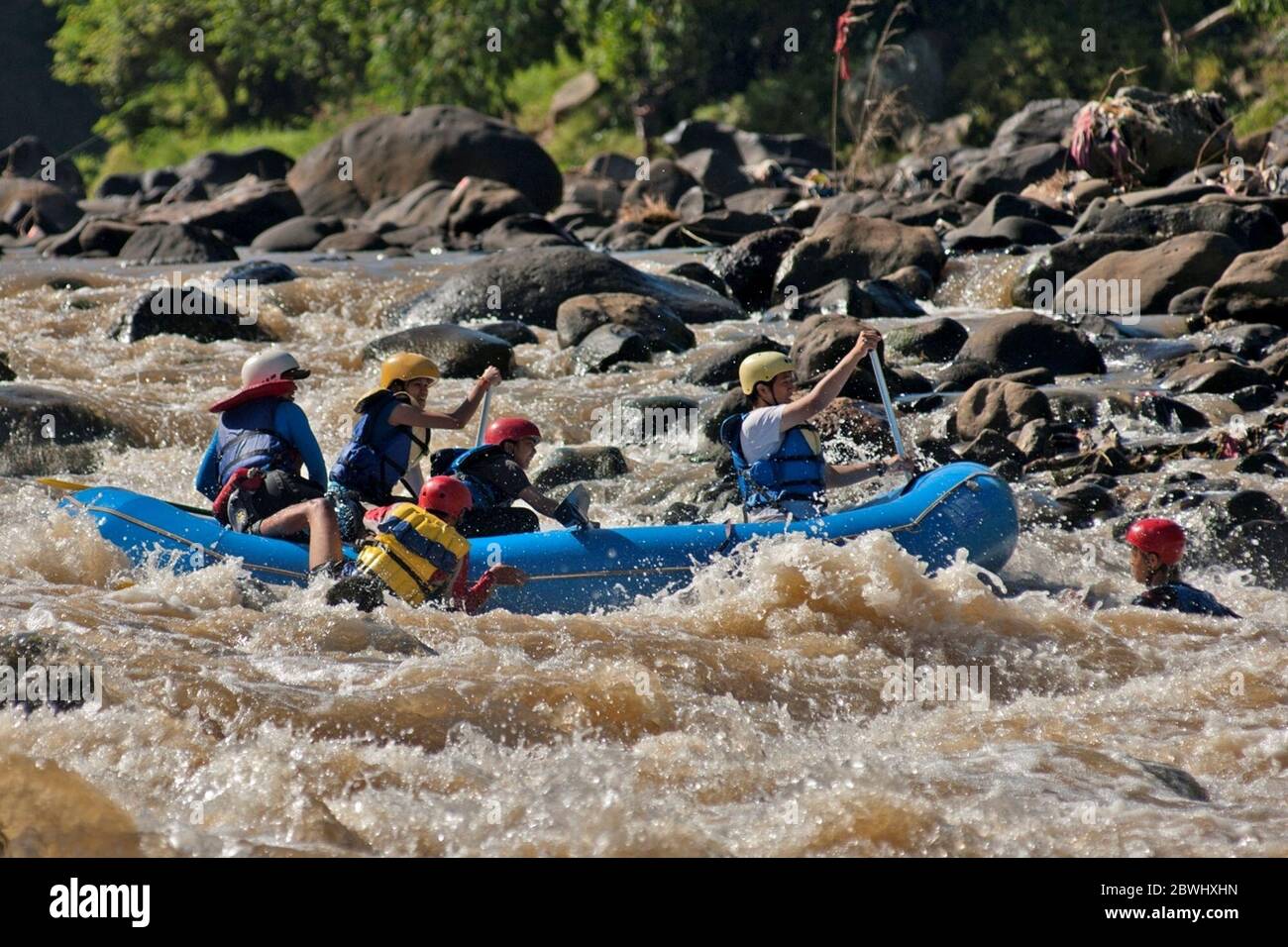Estudiantes de la Universidad de Indonesia maniobrando el barco en un río rápido Cisadane en Java Occidental, Indonesia, practicando escenarios de rescate en una posible situación de emergencia como parte de Mapala UI - el club de aventura al aire libre de la universidad - programa de entrenamiento para aprendices. Foto de archivo (2009). Foto de stock