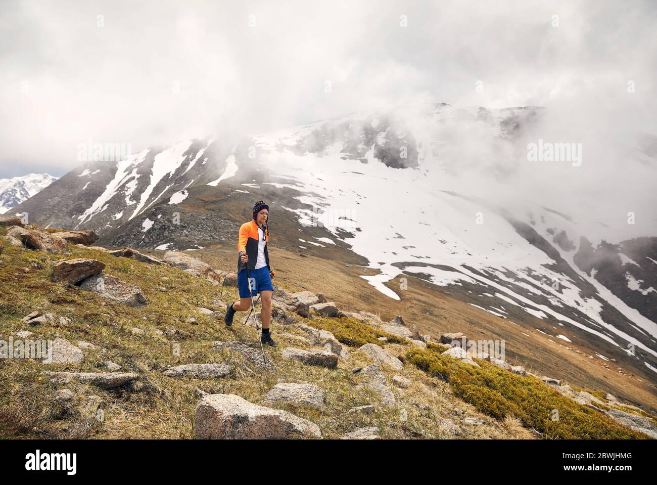 Turista con bastones de trekking es caminar en el valle de montaña en día foggy. Concepto de estilo de vida de actividad al aire libre. Foto de stock