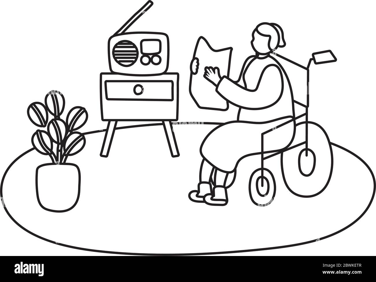 mujer de la elderia en silla de ruedas escuchar radio hogar actividad  estilo línea Imagen Vector de stock - Alamy