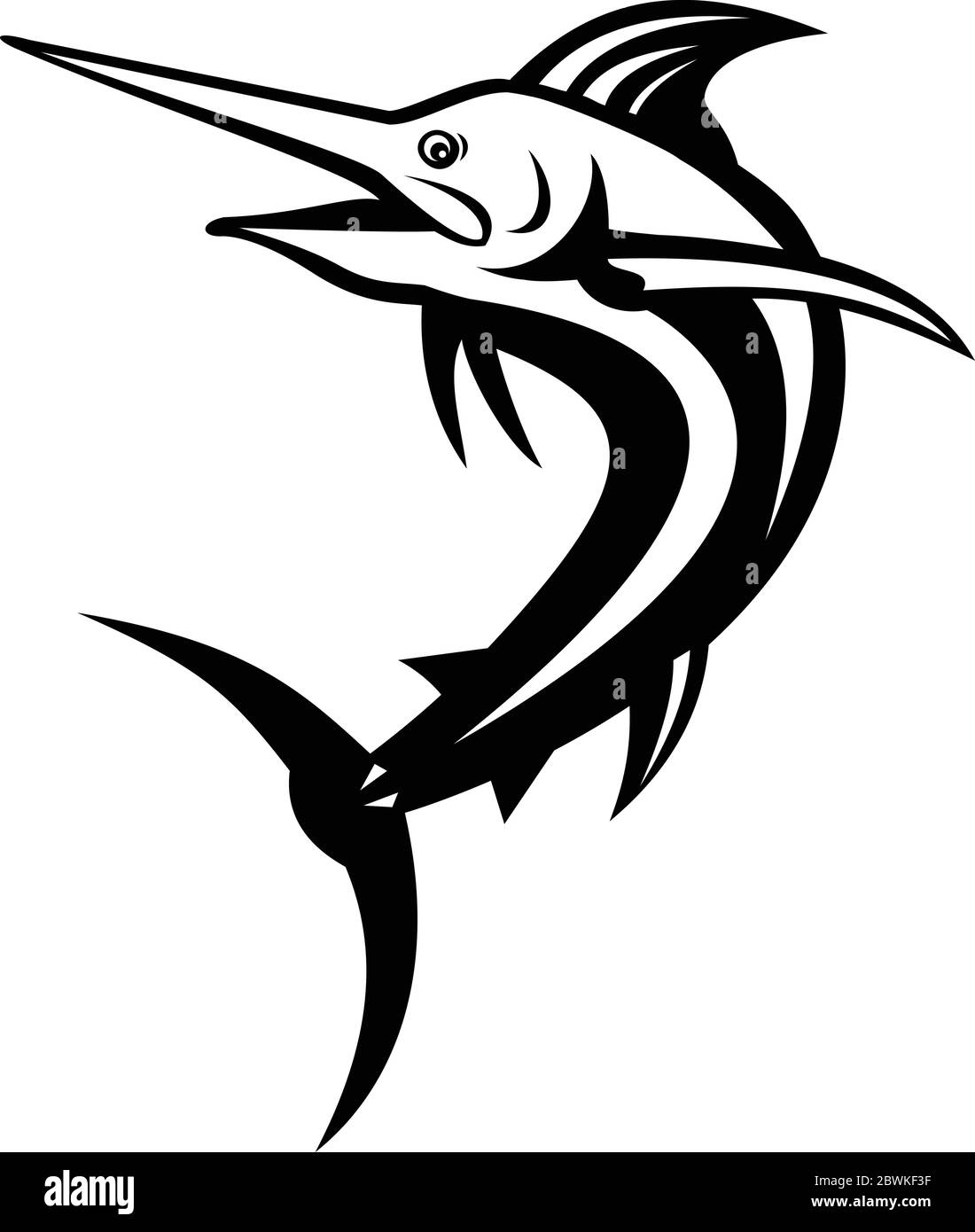 Ilustración de estilo retro de una aguja azul del Atlántico, una especie de aguja endémica del Océano Atlántico, saltando en blanco y negro sobre aislado Ilustración del Vector