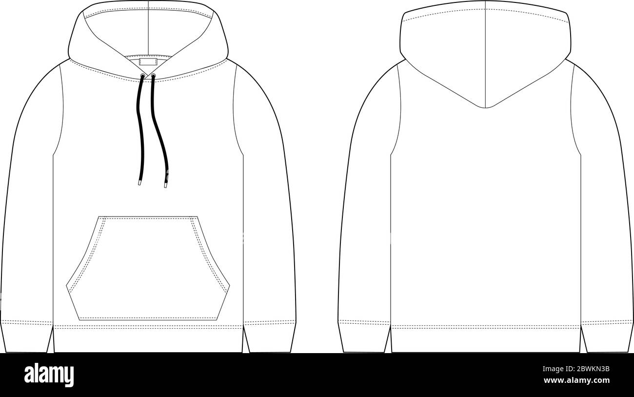 Dibujo técnico de moda para hombres hoodie. Plantilla de mockup sudadera  con capucha. Vista frontal y posterior. Dibujo técnico ropa para niños.  Ropa deportiva, estilo urbano informal. YO Imagen Vector de stock -