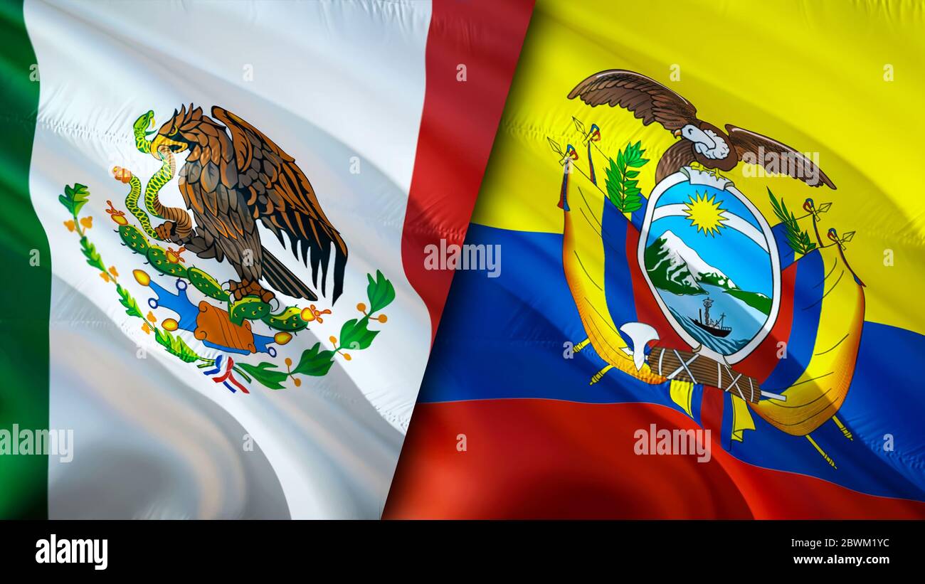Banderas de México y Ecuador. Diseño de bandera de espeleología en 3D.  México Ecuador bandera, foto, papel tapiz. México vs Ecuador imagen, 3D  rendering. México relatio de Ecuador Fotografía de stock -