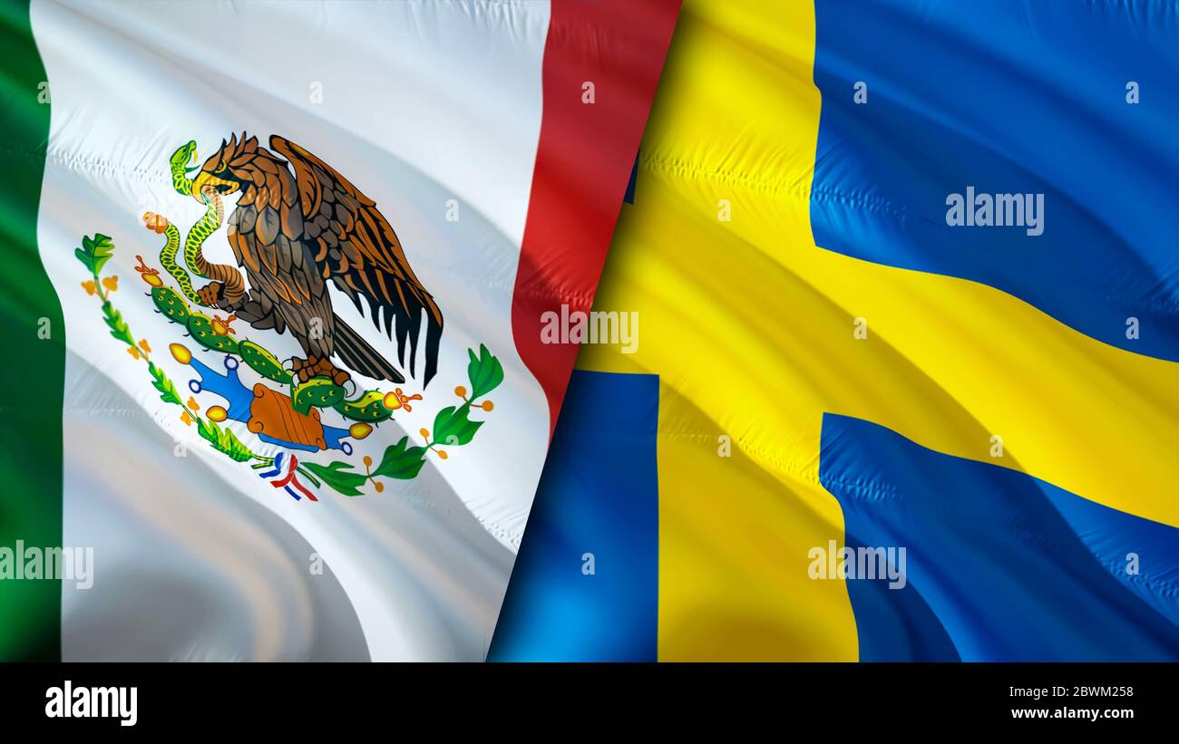 Banderas de México y Suecia. Diseño de bandera de espeleología en 3D.  México Suecia bandera, foto, papel tapiz. México vs Suecia imagen, 3D  rendering. México Suecia relaciones a Fotografía de stock -