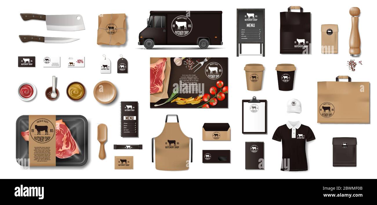 Variedad de comida en la carnicería. Restaurante Marca identidad de la maqueta. Productos de embalaje de Marca carne, carne, uniforme, menú, furgoneta de entrega, cuchillo Ilustración del Vector