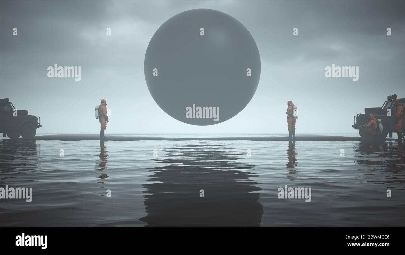 Misteriosa esfera Geo Negra flotando en arena Negra rodeada de agua y  hombres en trajes de Hazmat ilustración 3d Fotografía de stock - Alamy