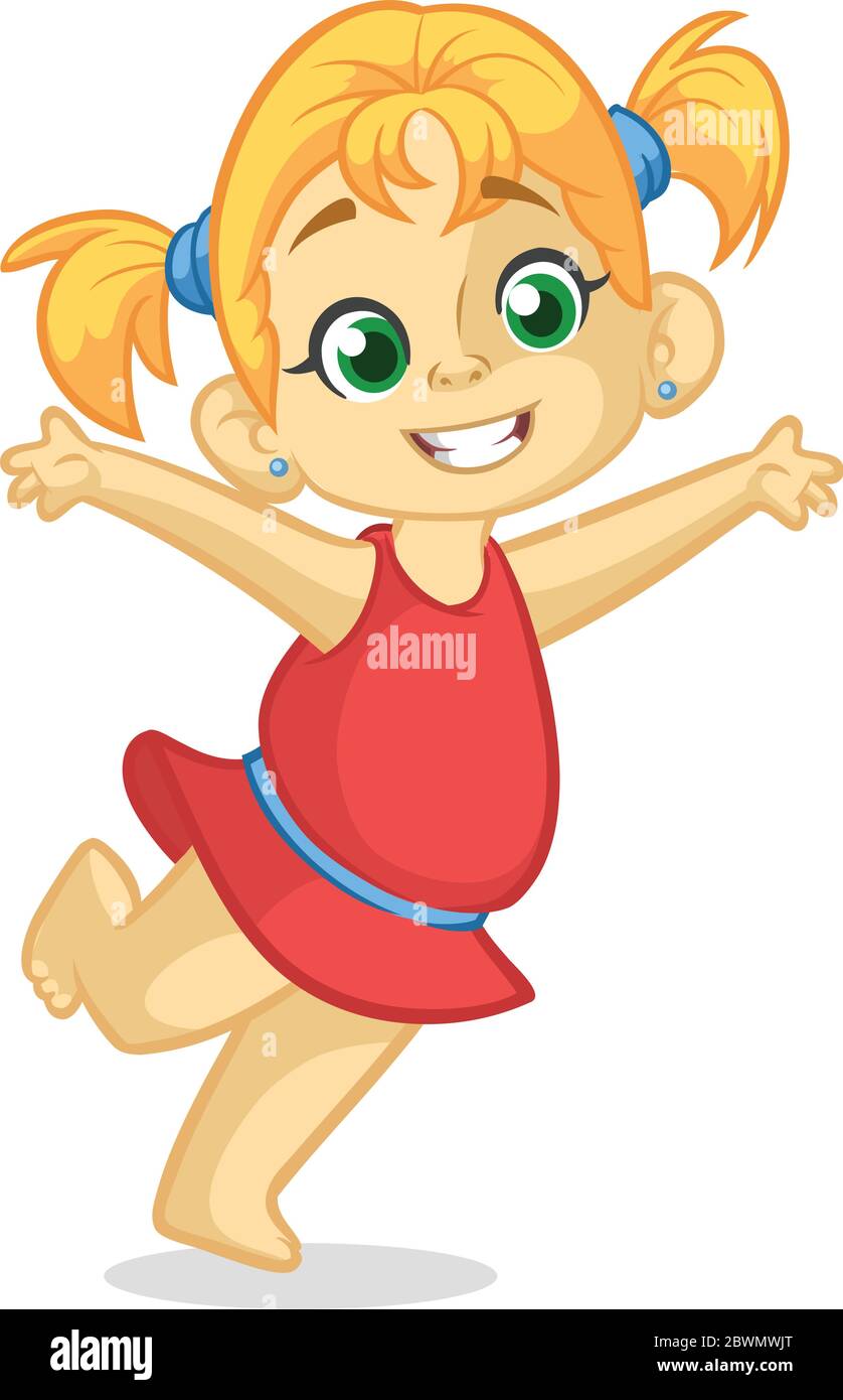 Imagen De Dibujos Animados De Color Vectorial De Una Linda Nina Con Vestido Rojo Nina Con Pelo Rubio La Nina Esta Bailando Y Sonriendo Sobre Un Fondo Blanco Imagen Vector De Stock