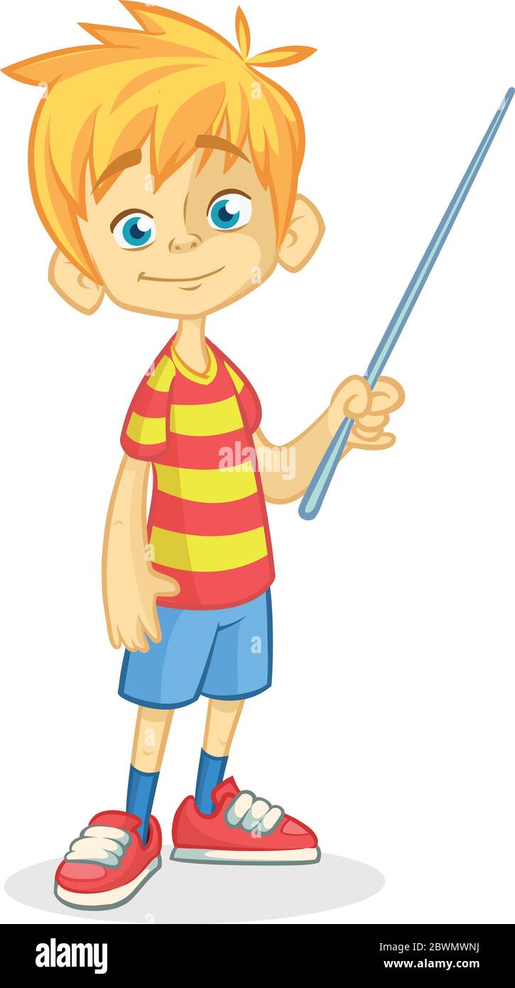 Niño de dibujos animados en pantalones cortos y camiseta a rayas. Vector ilustración de una divertida hacer presentación con puntero Imagen Vector de stock - Alamy Niño de dibujos animados en pantalones cortos y camiseta a rayas. Vector ilustración de una divertida hacer presentación con puntero Imagen Vector de stock - Alamy