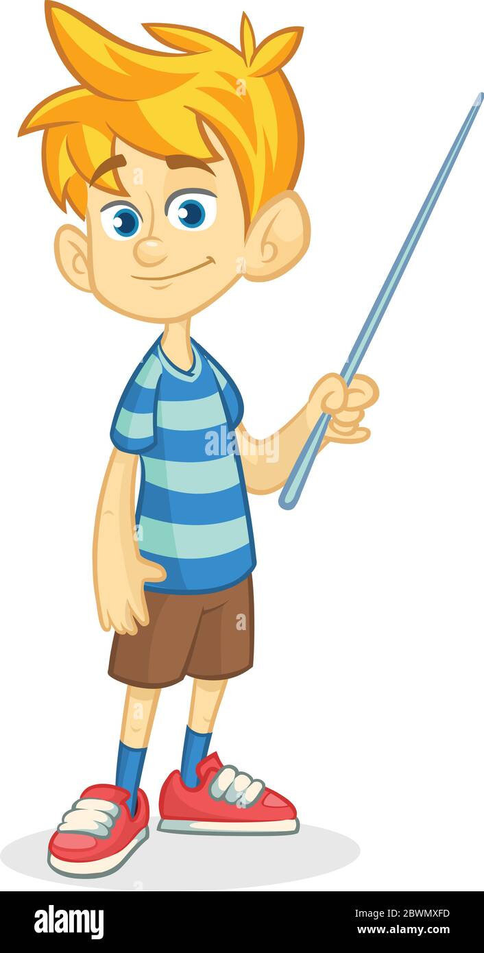 Niño de dibujos animados en pantalones cortos y camiseta a rayas. Vector ilustración de una divertida hacer presentación con puntero Imagen Vector de stock - Alamy Niño de dibujos animados en pantalones cortos y camiseta a rayas. Vector ilustración de una divertida hacer presentación con puntero Imagen Vector de stock - Alamy