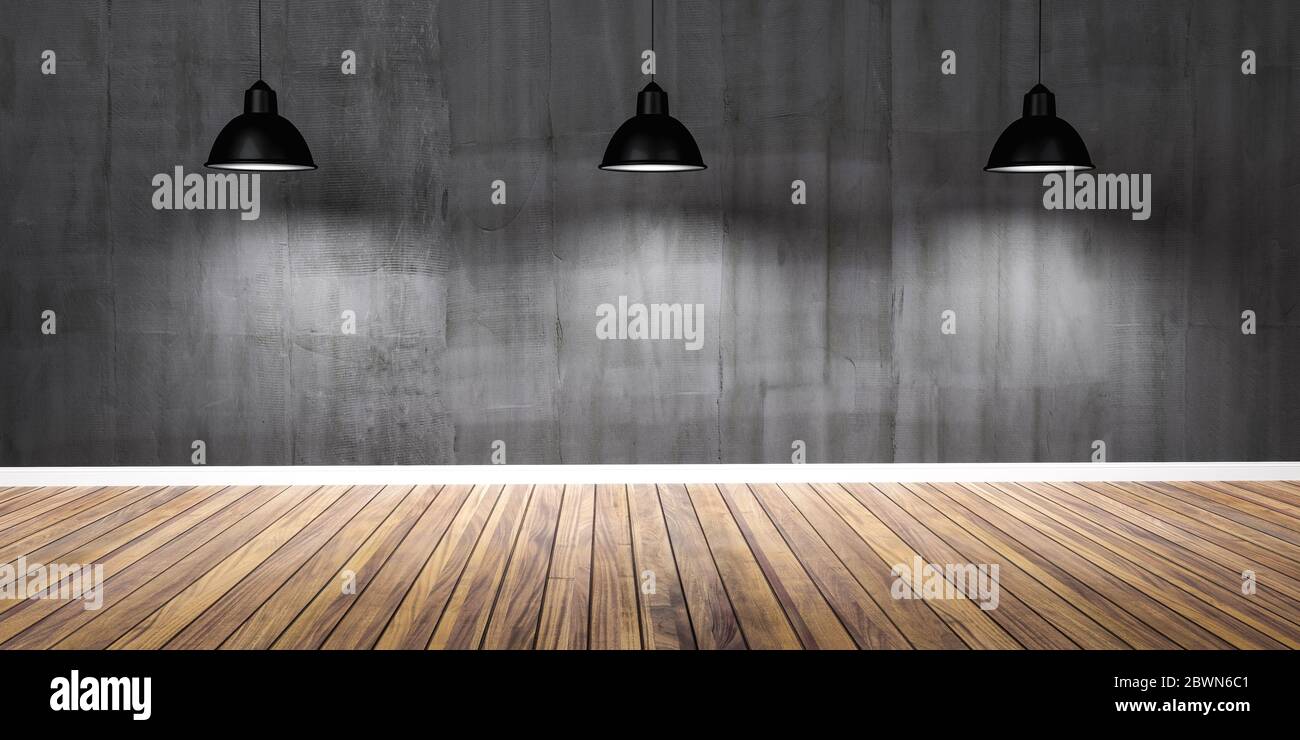 Habitación con tres lámparas, pared de hormigón negro y suelo de madera Ilustración 3D Foto de stock