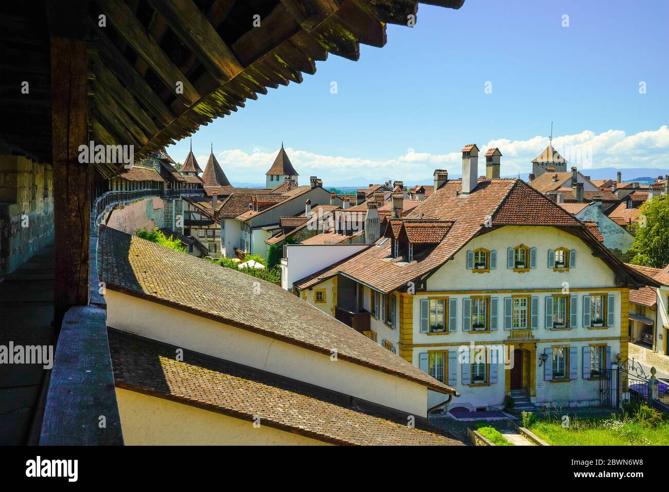 Muralla de Murten/Morat, cantón de Friburgo, Suiza. Foto de stock