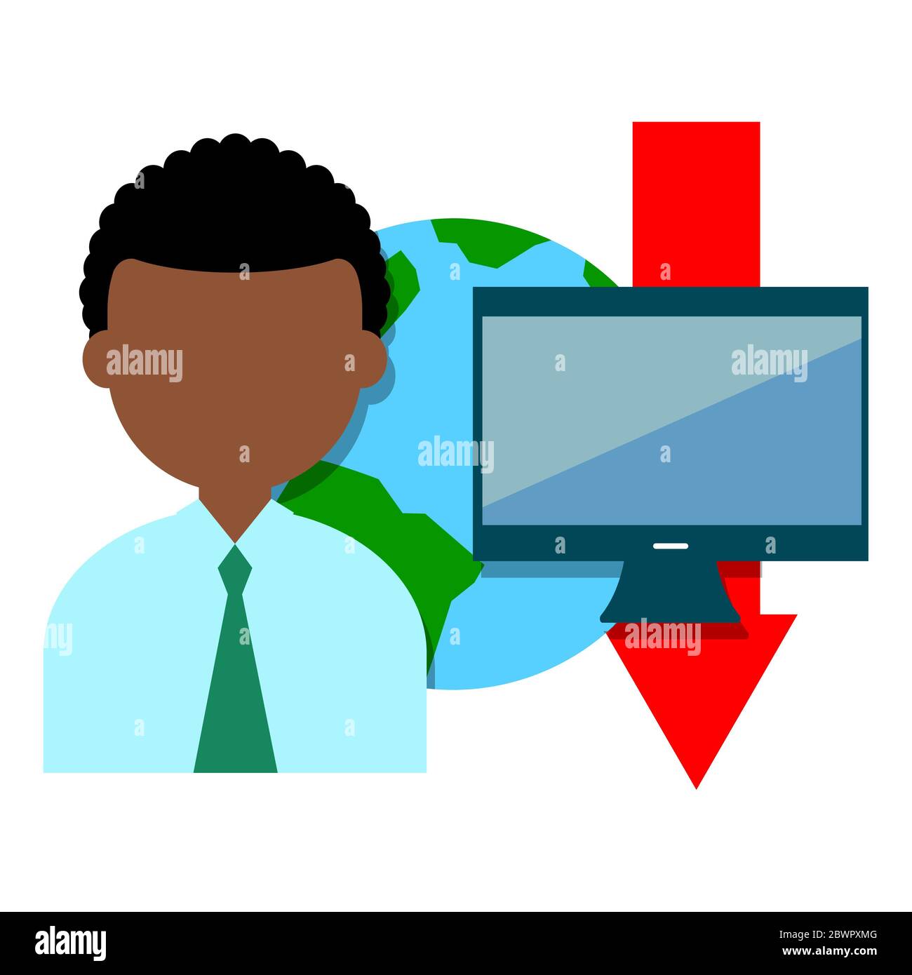 Hombre de negocios con monitor de ordenador, planeta Tierra y flecha roja Foto de stock