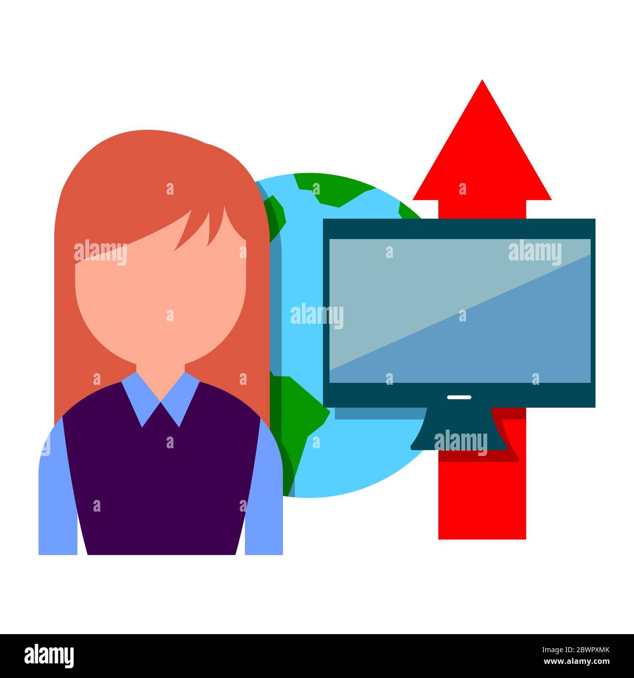 Mujer de negocios con monitor de ordenador, planeta Tierra y signo de flecha roja Foto de stock