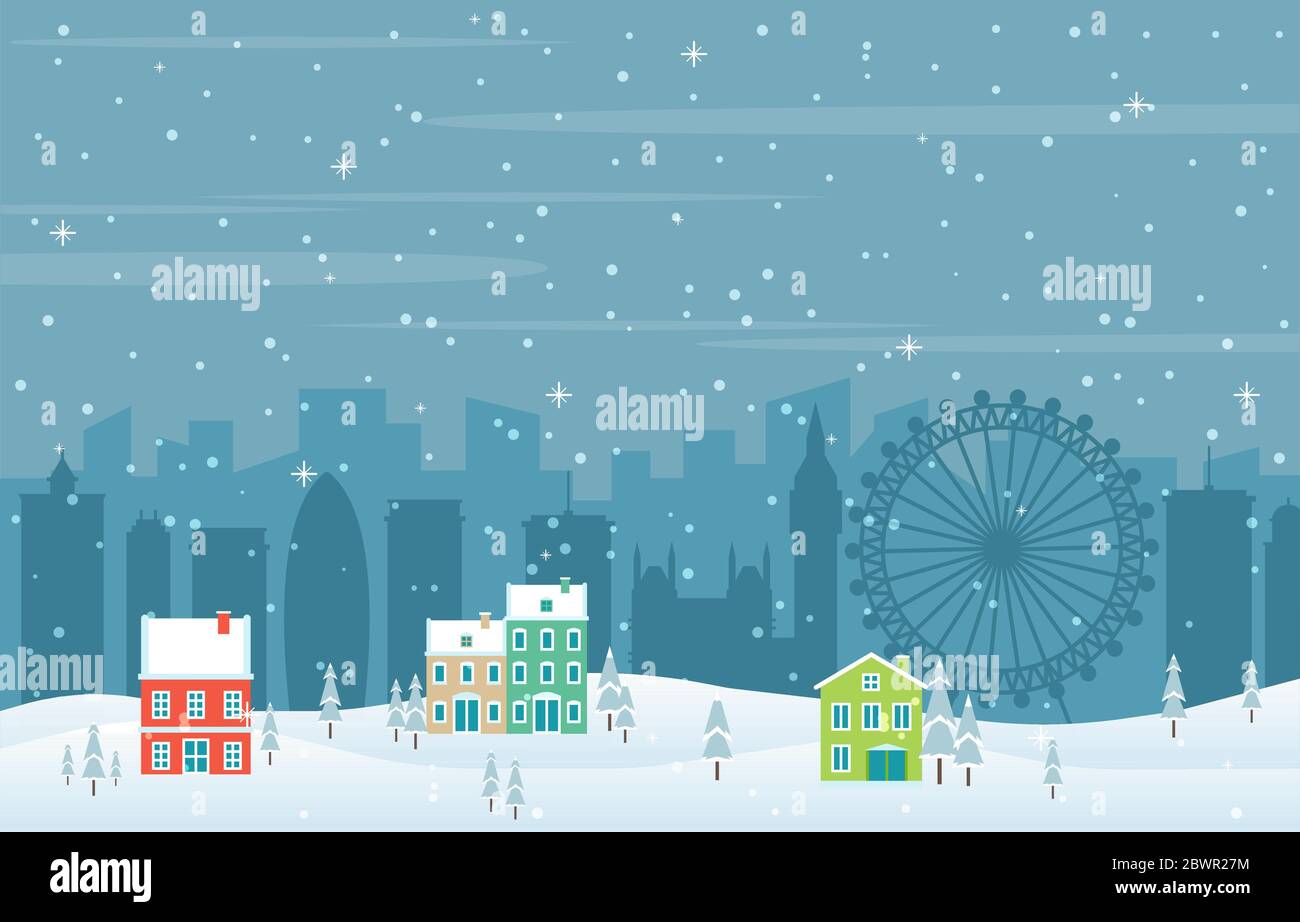 Invierno nieve en Londres City Cityscape Skyline edificio Landmark Ilustración Ilustración del Vector