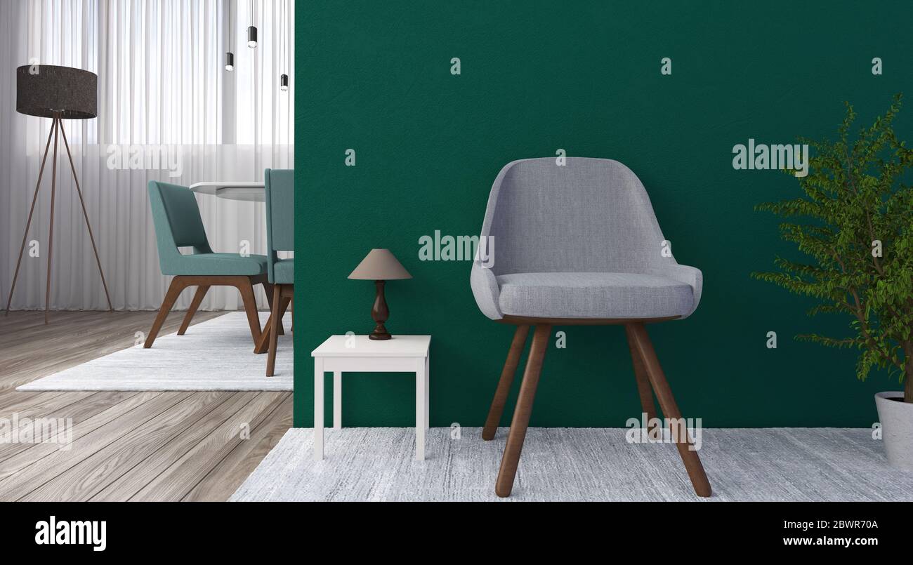 Representación 3D de una sala de espera en luz de día, con pared verde  moderna. Un ambiente confortable creado con paredes pintadas de verde, en  contraste con los colores Fotografía de stock -