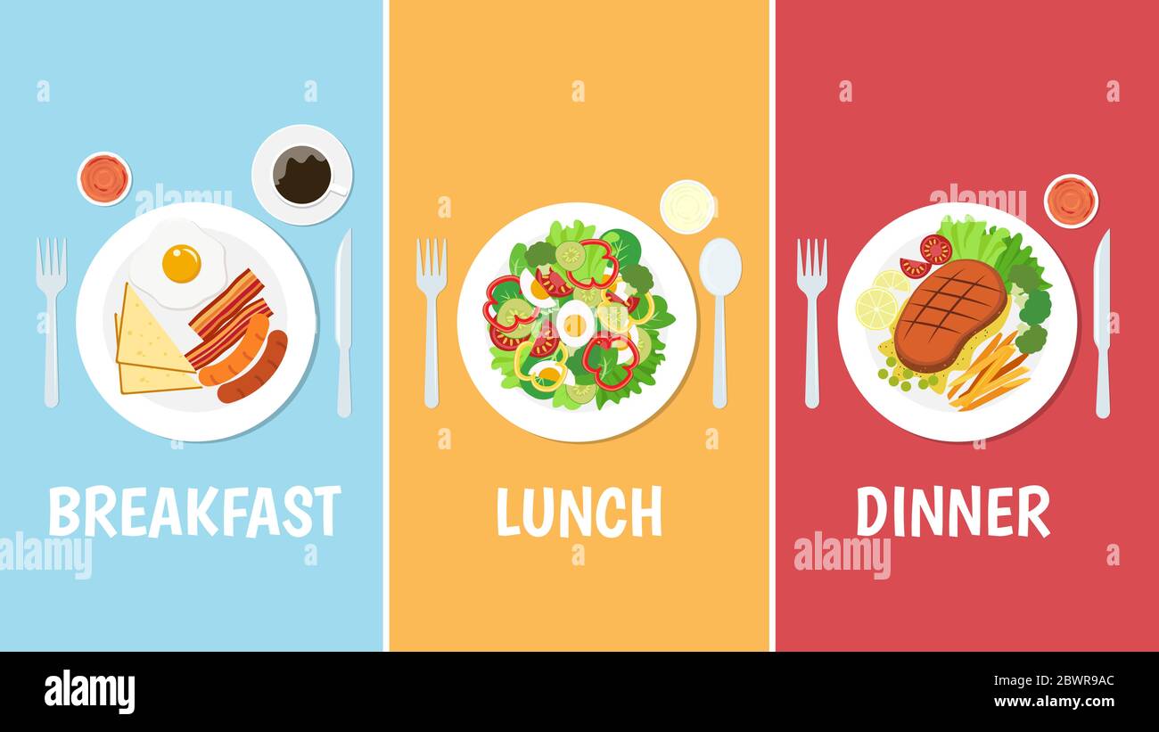 Ilustración vectorial del desayuno almuerzo y cena sobre fondo colorido Imagen Vector de stock