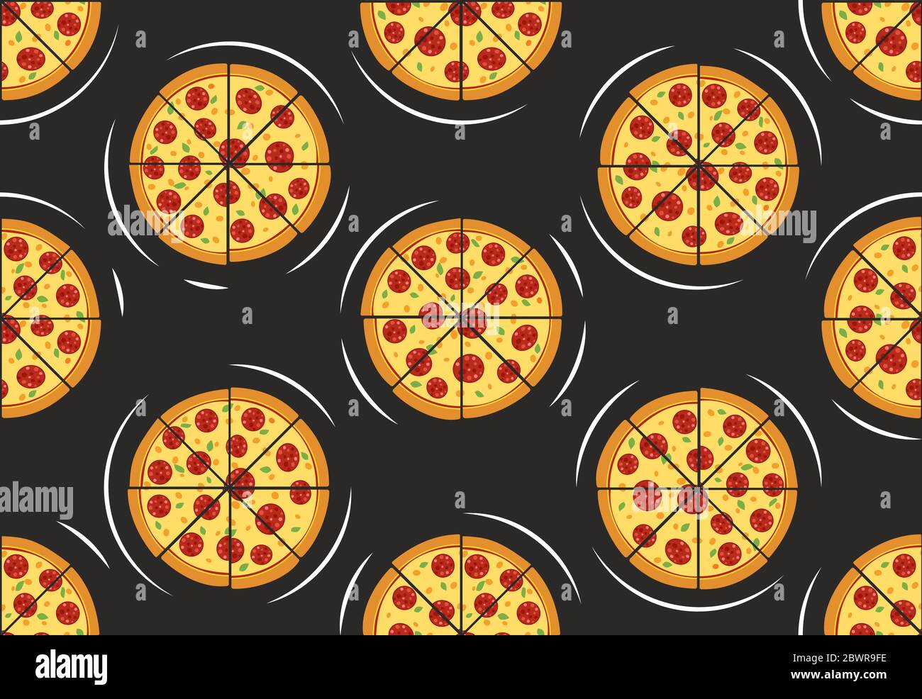 Patrón de pizza sin costuras aislado sobre fondo negro Ilustración del Vector