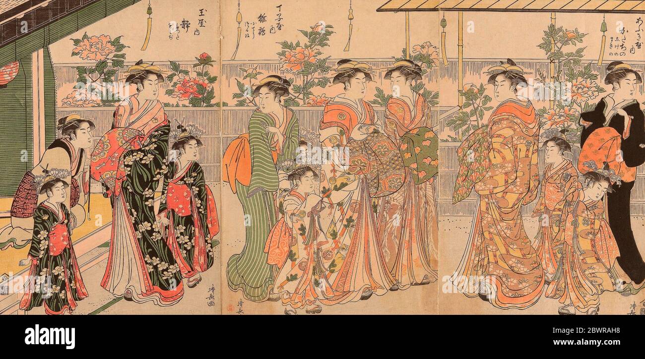 Autor: Torii Kiyonaga. Cortesanos de Yoshiwara y sus asistentes viendo los peonías en Nakanocho - c. 1787 - Torii Kiyonaga japonés, 1752-1815. Foto de stock