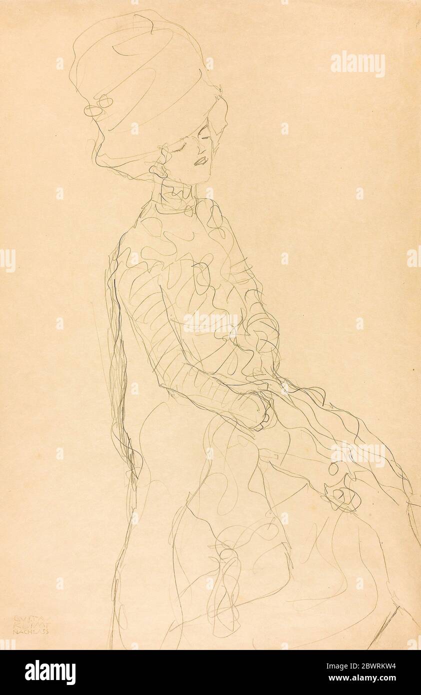 Retrato de una dama en un sombrero alto - Gustav Klimt Austrian, 1862-1918. Grafito sobre papel japonés de clavo de crema (vitela japonesa). 1882'1918. Foto de stock
