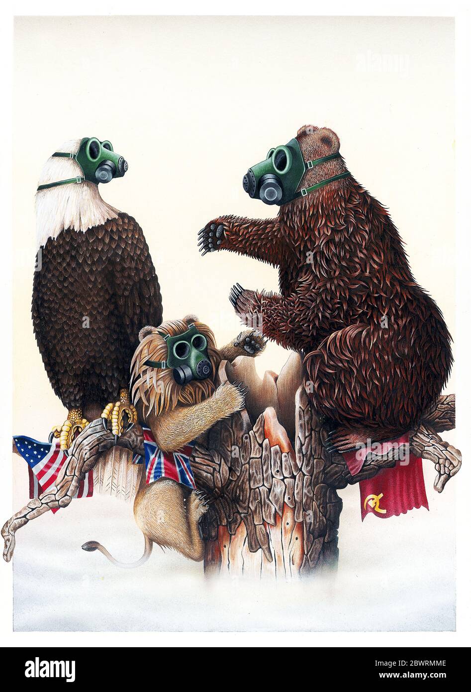 Águila, león y oso usando máscaras de gas representando a EE.UU., Reino Unido y Rusia por Bob Venables Foto de stock