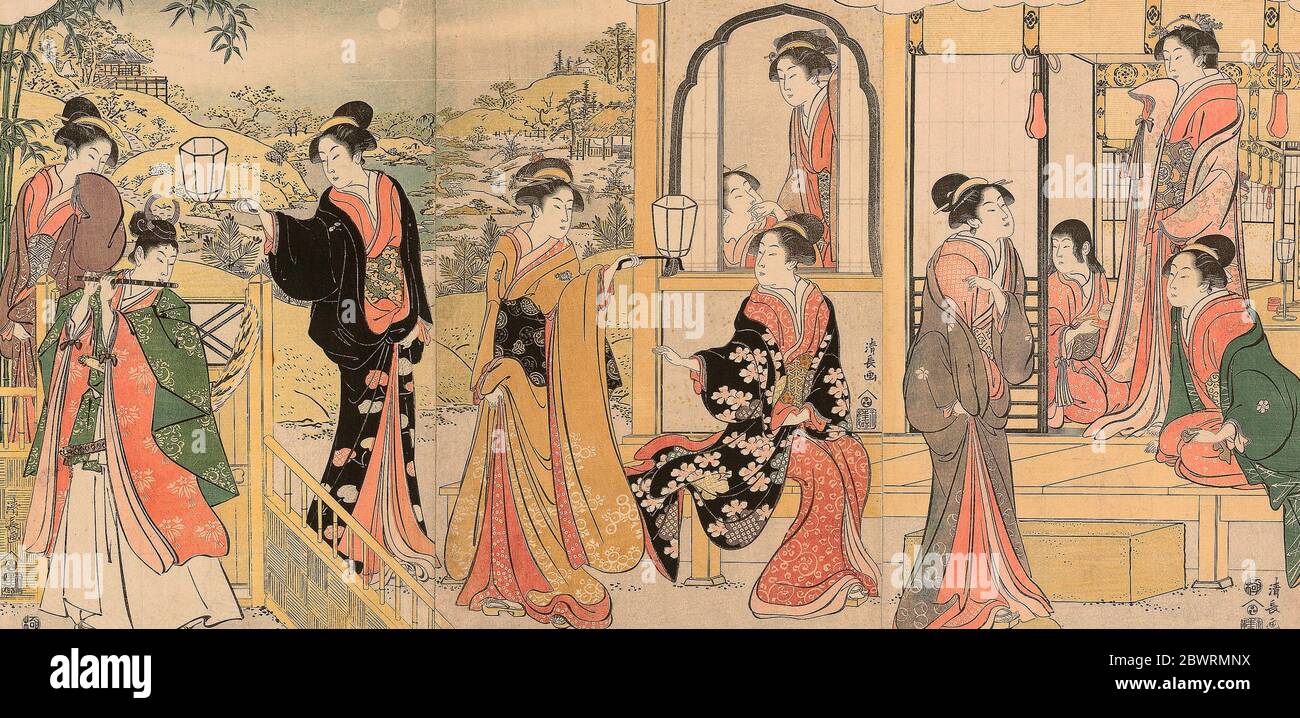 Autor: Torii Kiyonaga. Una versión moderna de Ushiwakamaru Serenading Princesa joruri - c. 1785 - Torii Kiyonaga japonés, 1752-1815. Bloque de madera de color Foto de stock