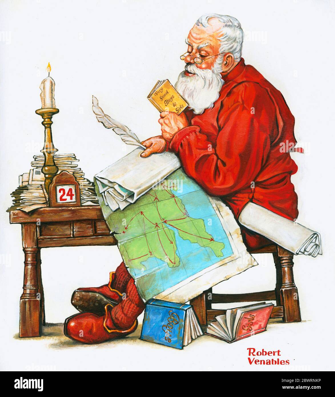 Santa con mapa en vueltas leyendo en la mesa, 19-siglo ilustración estilo por Bob Venables Foto de stock