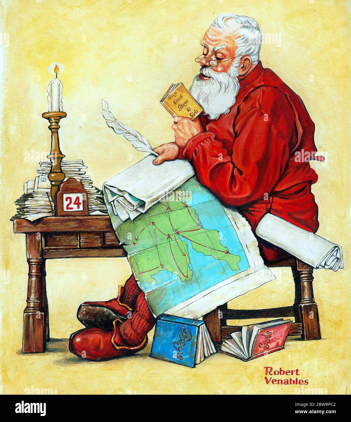 Santa con mapa en vueltas leyendo en la mesa, 19-siglo ilustración estilo por Bob Venables Foto de stock