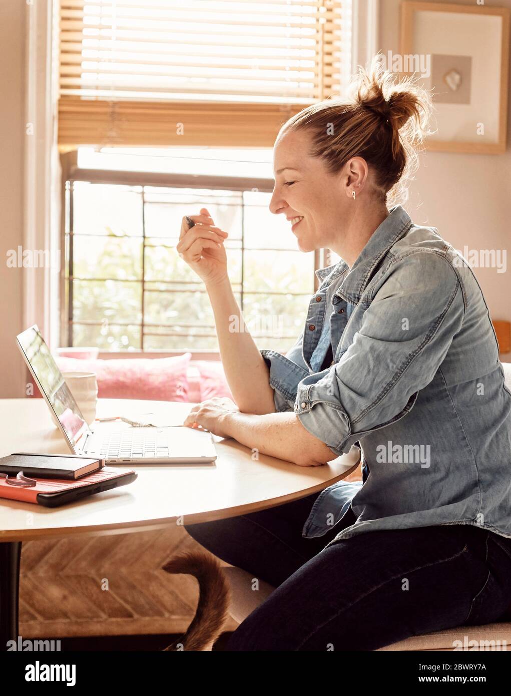 Una mujer que trabaja desde casa en su soleada cocina, sonriendo en el ordenador. Foto de stock
